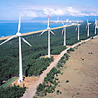 海岸にたくさんの風車が並ぶ写真